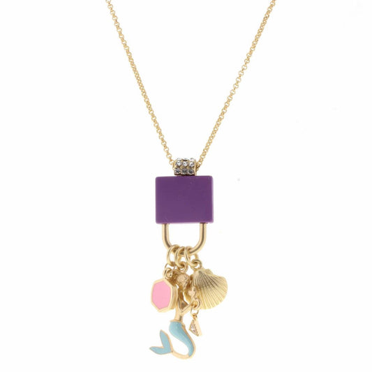 Kids Purple Lock with Mermaid, Shell, Pink Hexagon Charms Necklace, 2" Ext