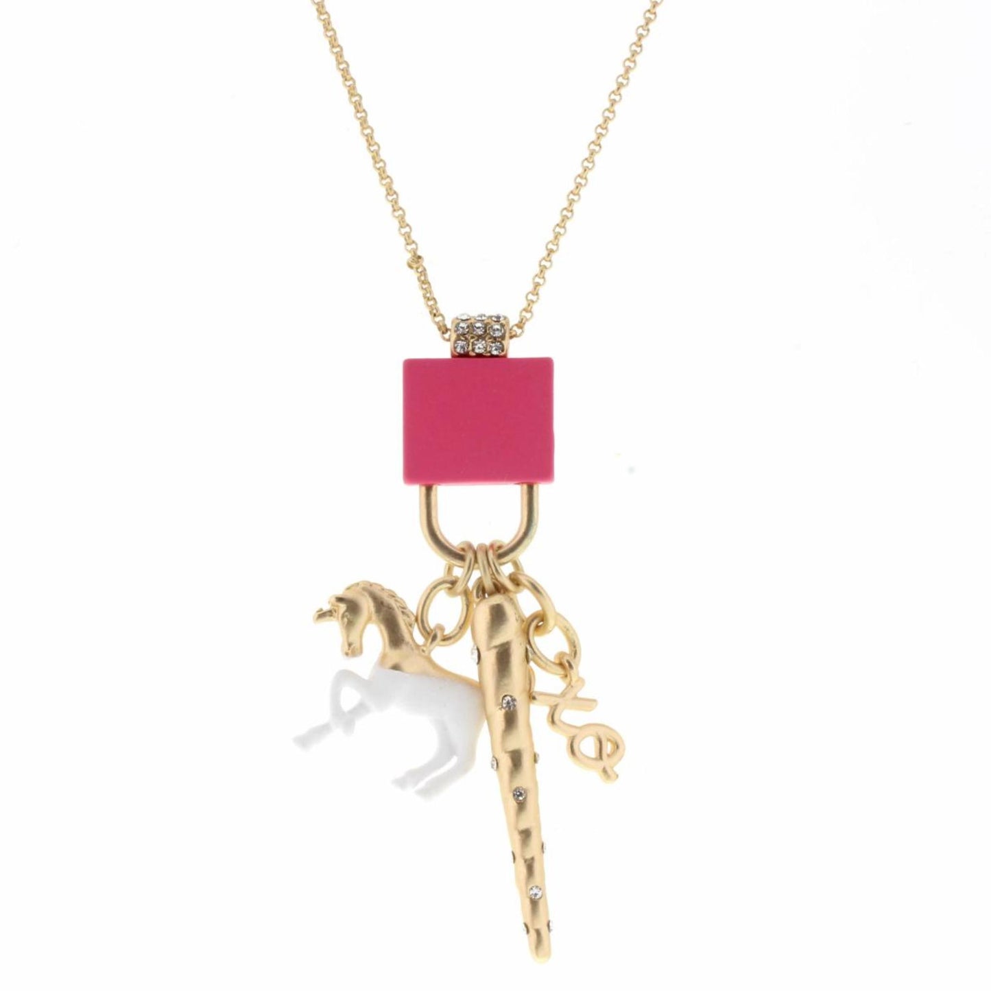 Kids Hot Pink Lock with Unicorn, Unicorn Horn, "XO" Charms Necklace, 2" Ext