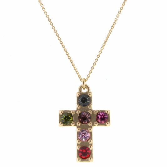 Kids 14" Multi Rhinestone Cross Necklace, 2" Ext