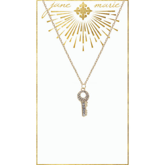 16" Clear Rhinestone Key on Gold Chain Necklace, 3" Ext