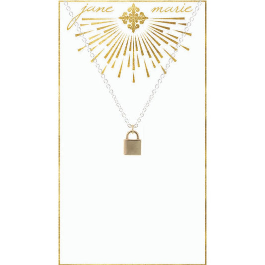 16" Gold Padlock on Silver Chain Necklace, 3" Ext
