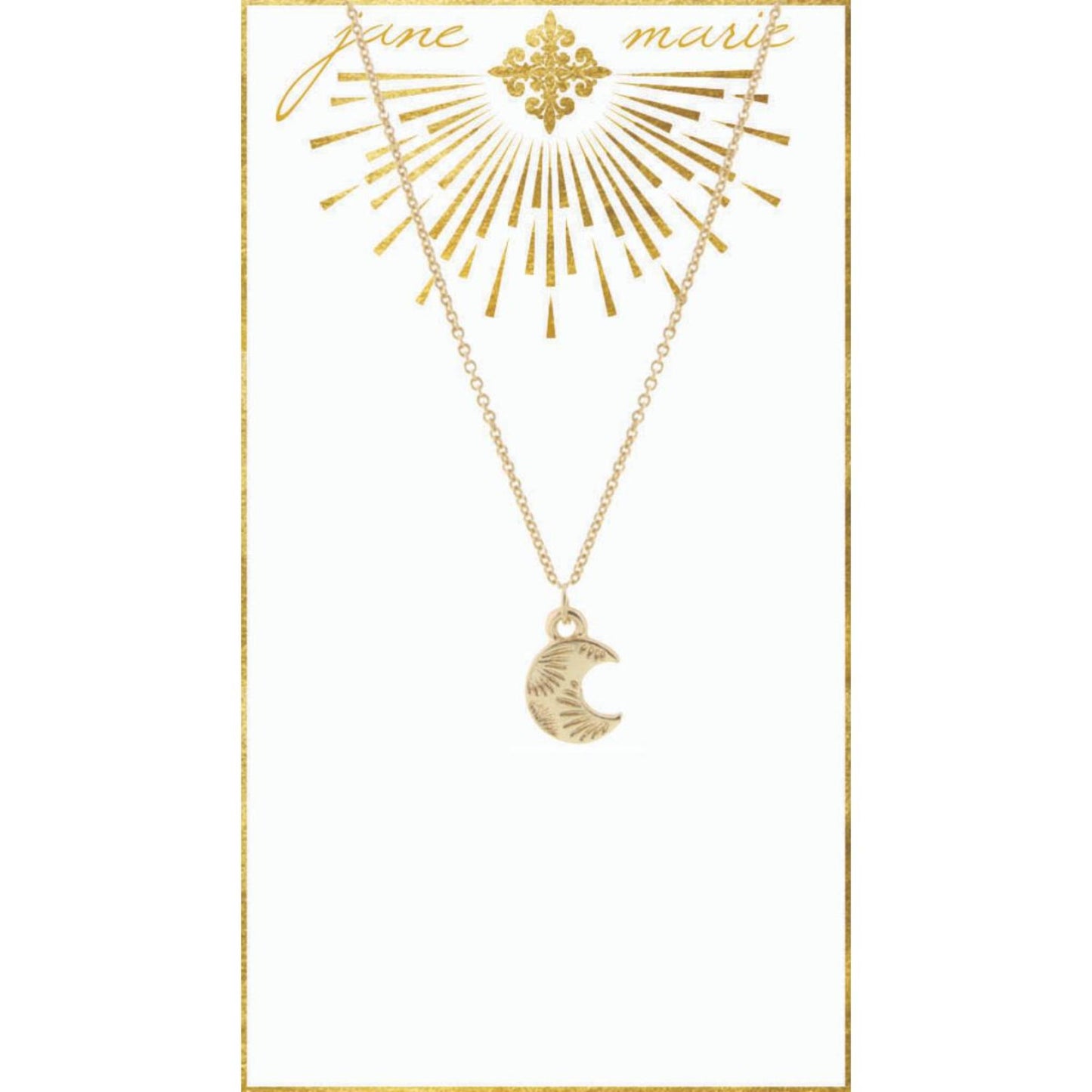 16" Gold Moon with Rays on Gold Chain Necklace, 3" Ext