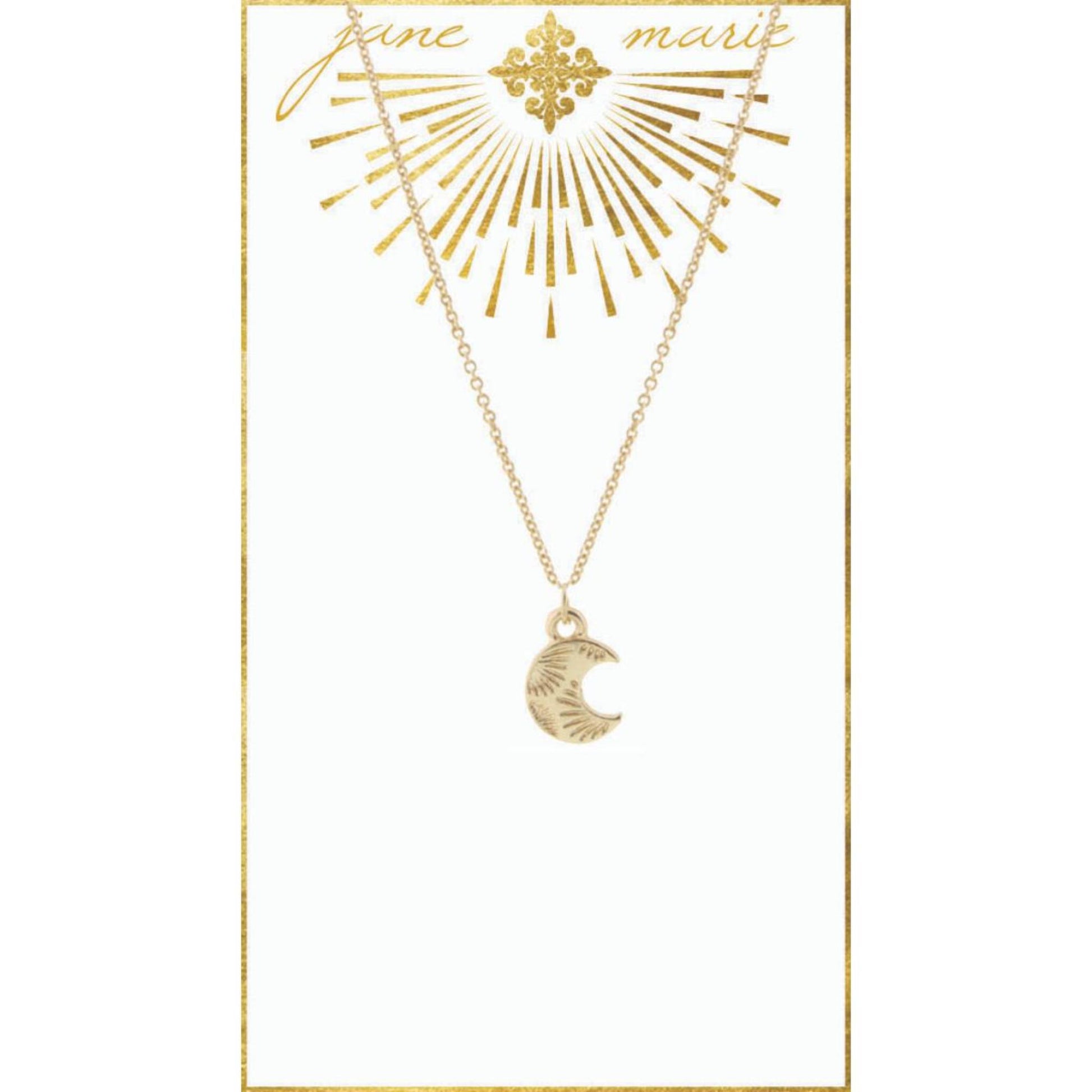 16" Gold Moon with Rays on Gold Chain Necklace, 3" Ext