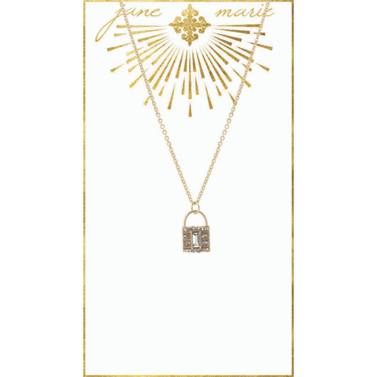 16" Gold Padlock with Clear Rhinestones on Gold Chain Necklace, 3" Ext