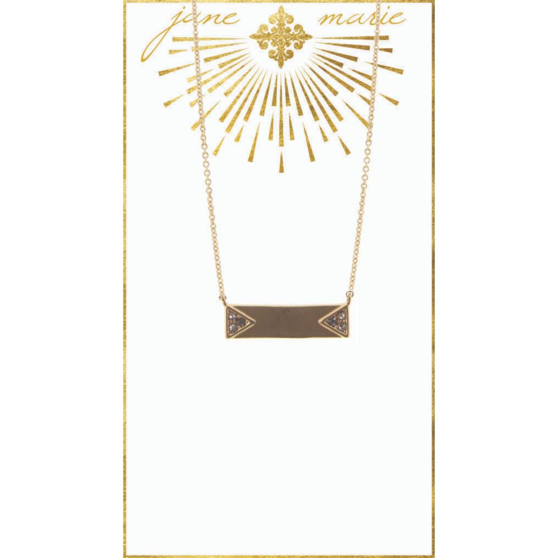 16" Gold Bar with Clear Rhinestone Triangles on Gold Chain Necklace, 3" Ext