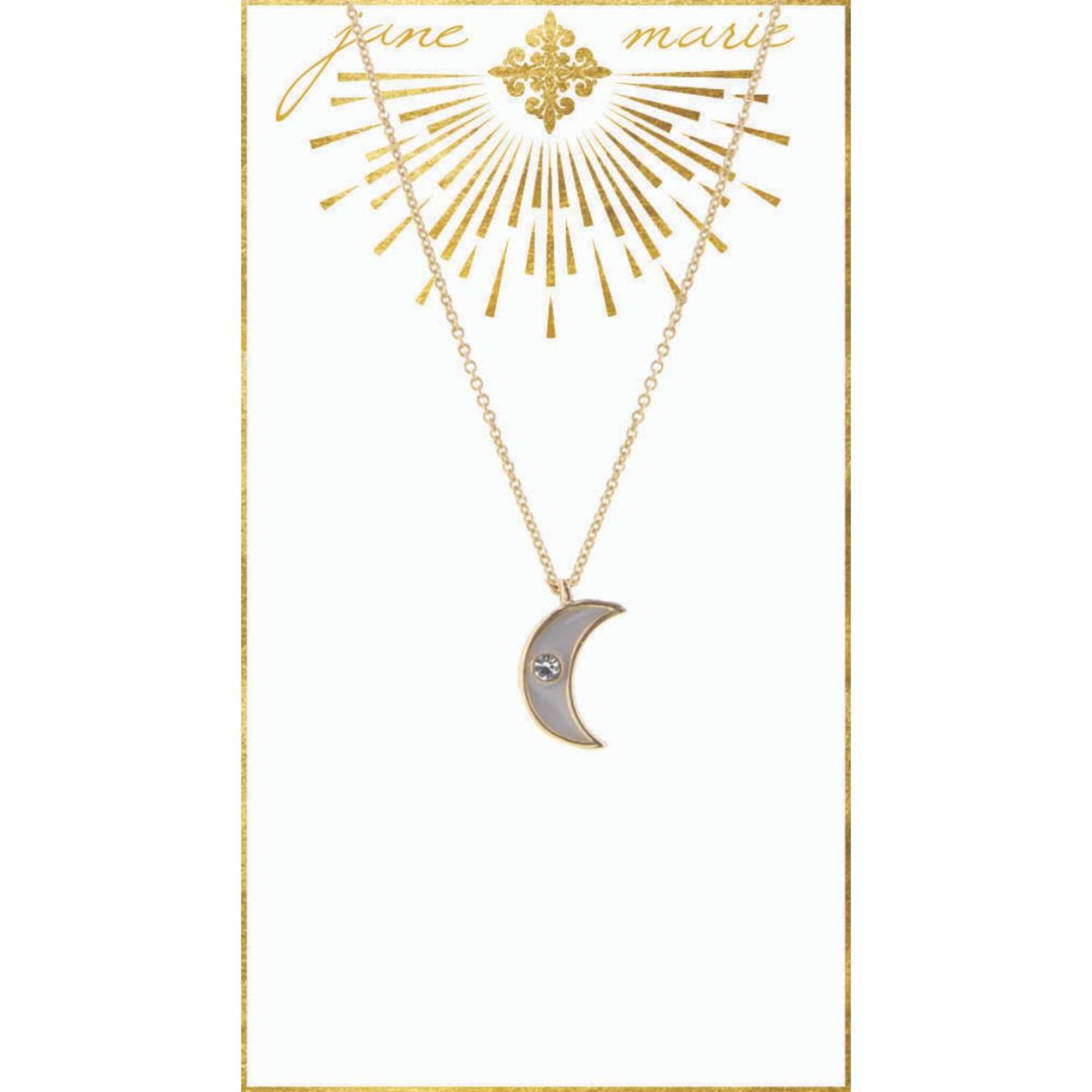 16" White Enamel Moon with Clear Rhinestone on Gold Chain Necklace, 3" Ext