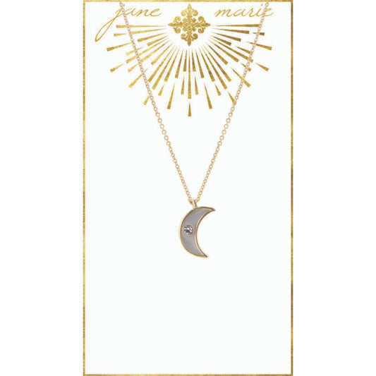 16" White Enamel Moon with Clear Rhinestone on Gold Chain Necklace, 3" Ext