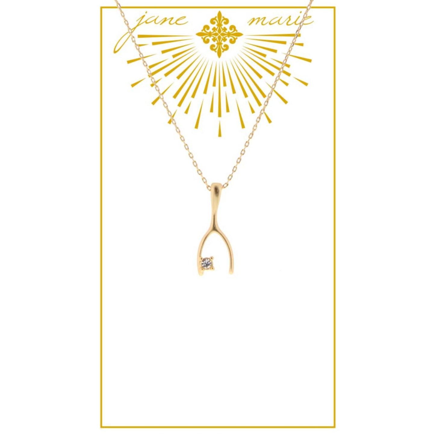 16" Wishbone with Clear Rhinestone on Gold Chain Necklace, 3" Ext