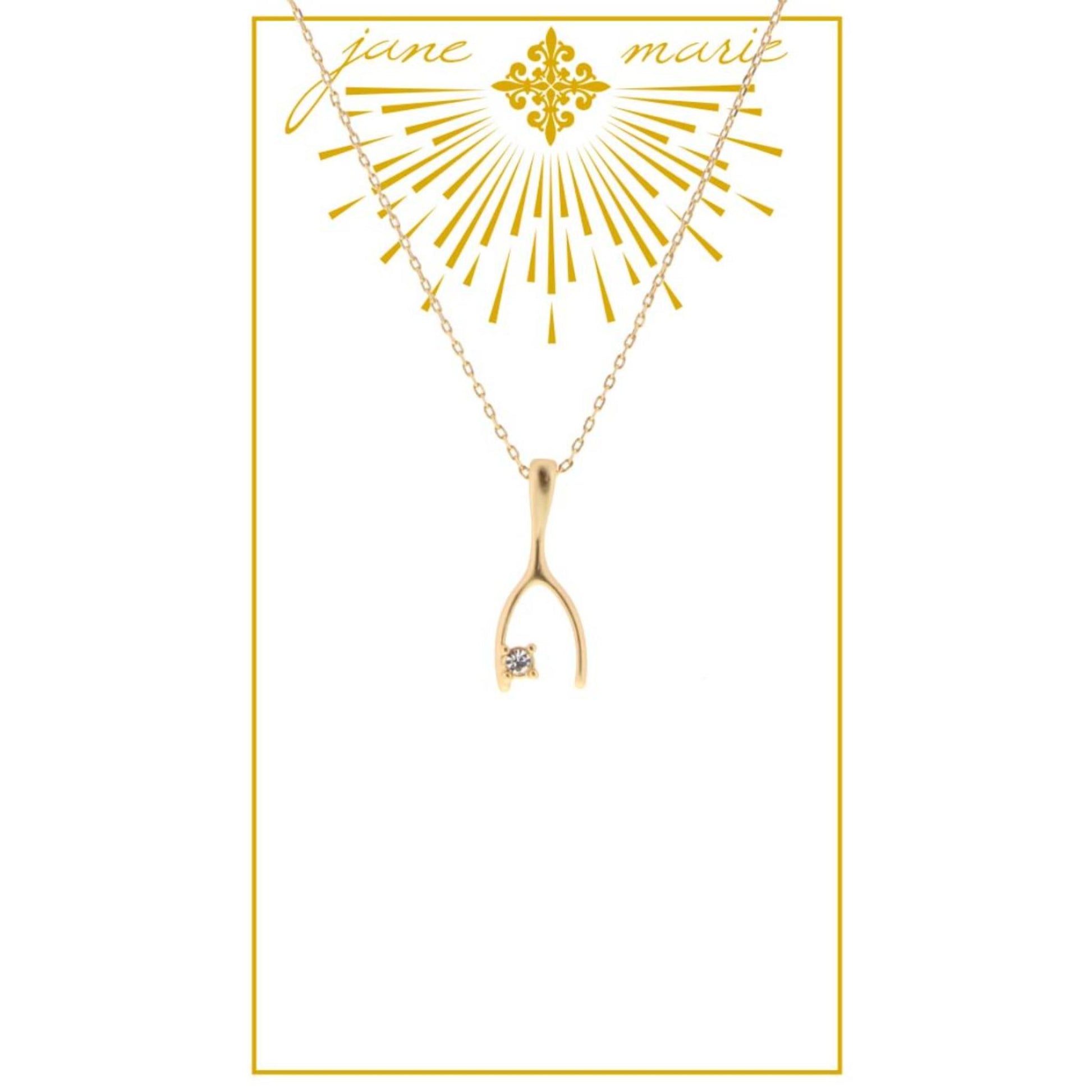 16" Wishbone with Clear Rhinestone on Gold Chain Necklace, 3" Ext