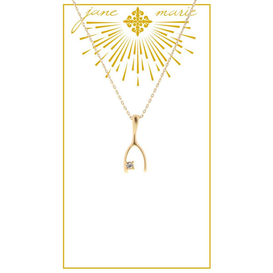 16" Wishbone with Clear Rhinestone on Gold Chain Necklace, 3" Ext
