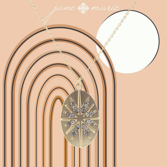 16" Oval with Gold and Rhinestone Starburst Necklace, 3" Ext
