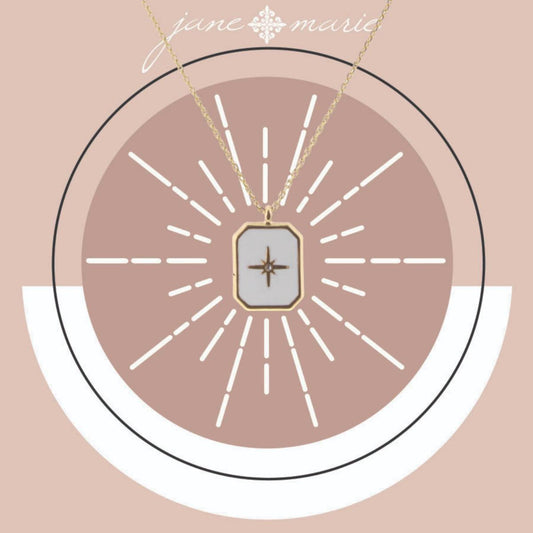 16" Rectangle with White Enamel and Gold Starburst Necklace, 3" Ext