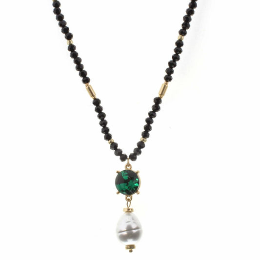 30" Emerald Stone with Pearl Drop on Jet and Gold Beaded Body Necklace, 2" Ext