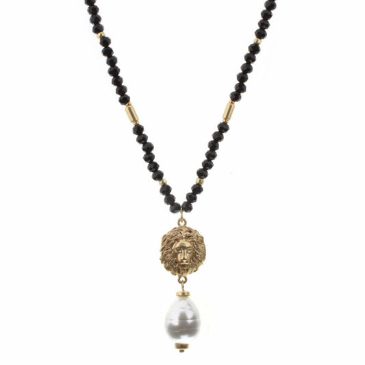 30" Lion Head with Pearl Drop on Jet Body Necklace, 2" Ext