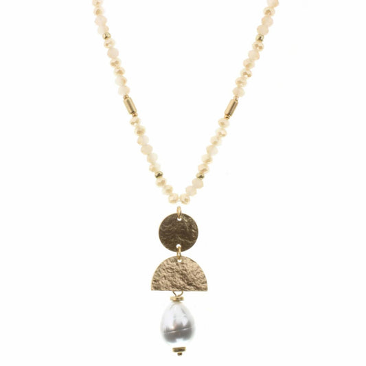 30" Gold Hammered Circle and Arch with Pearl Drop on Rose Body Necklace, 2" Ext