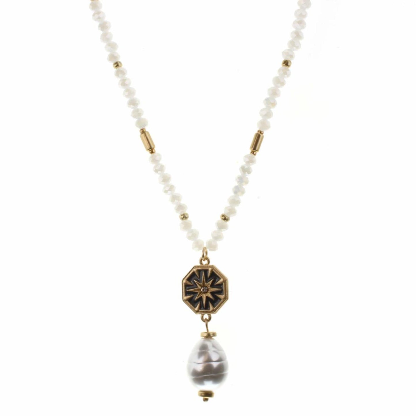 30" Blue Enamel Star with Pearl Drop on Opal Body Necklace, 2" Ext
