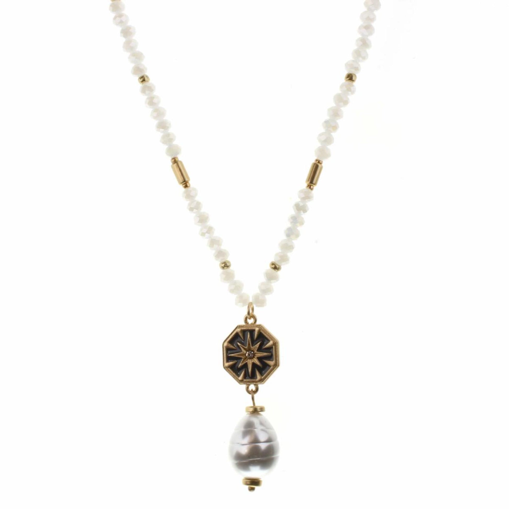 30" Blue Enamel Star with Pearl Drop on Opal Body Necklace, 2" Ext