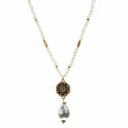 30" Blue Enamel Star with Pearl Drop on Opal Body Necklace, 2" Ext