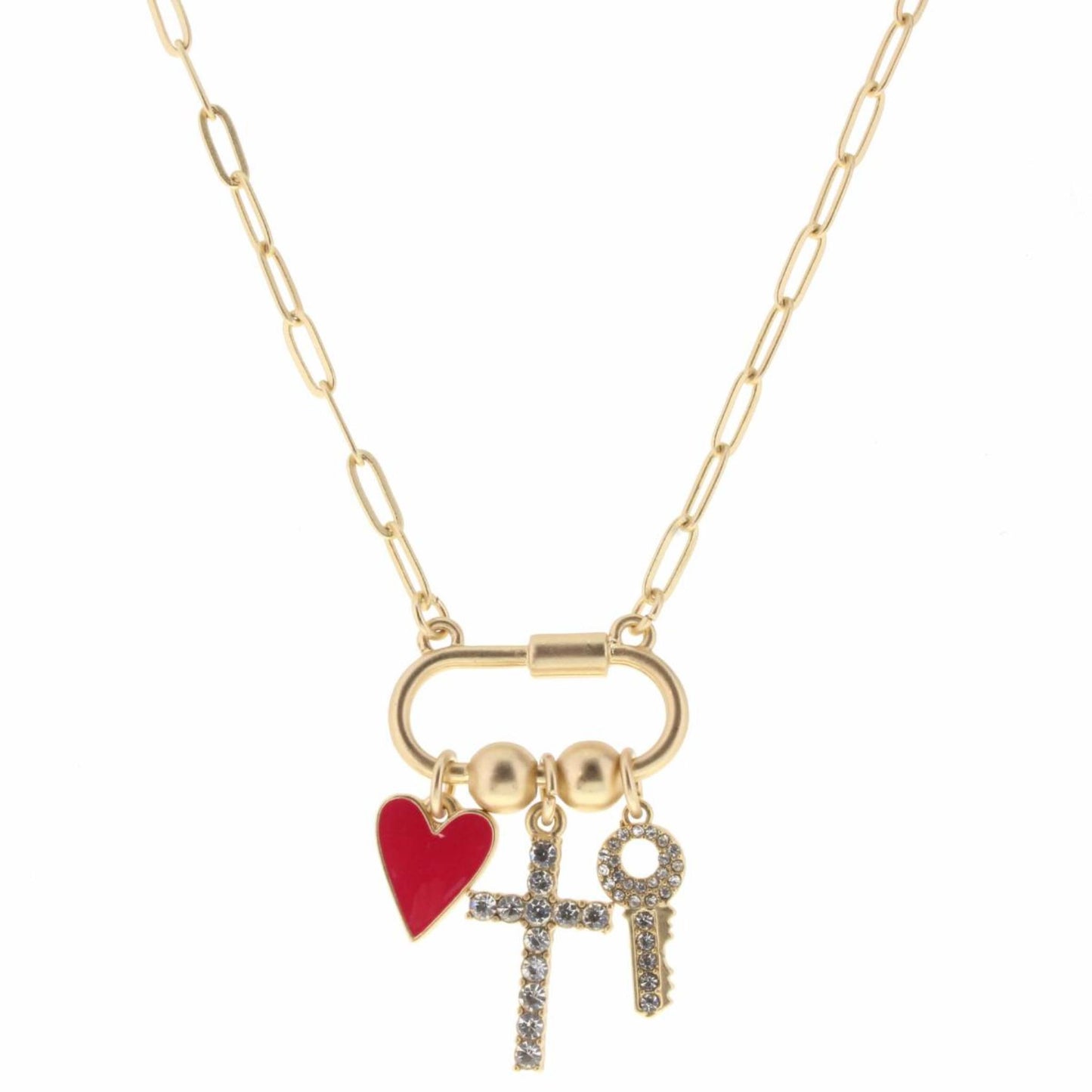 16" Oval Carabiner with Heart, Cross, and Key Necklace, 3" Ext