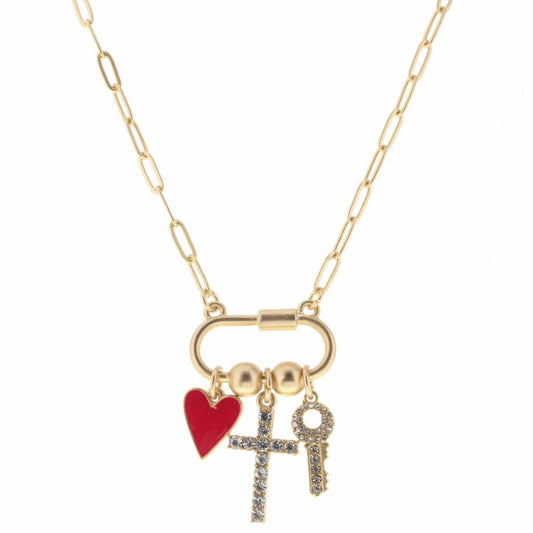 16" Oval Carabiner with Heart, Cross, and Key Necklace, 3" Ext