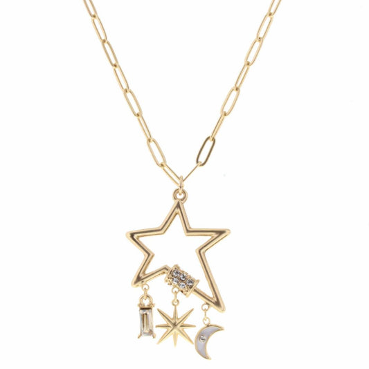 16" Star Carbiner with Rectangle Crystal, Starburst, and Moon Necklace, 3" Ext