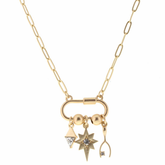 16" Oval Carabiner with Diamond, Star, and Wishbone Charms Necklace, 3" Ext