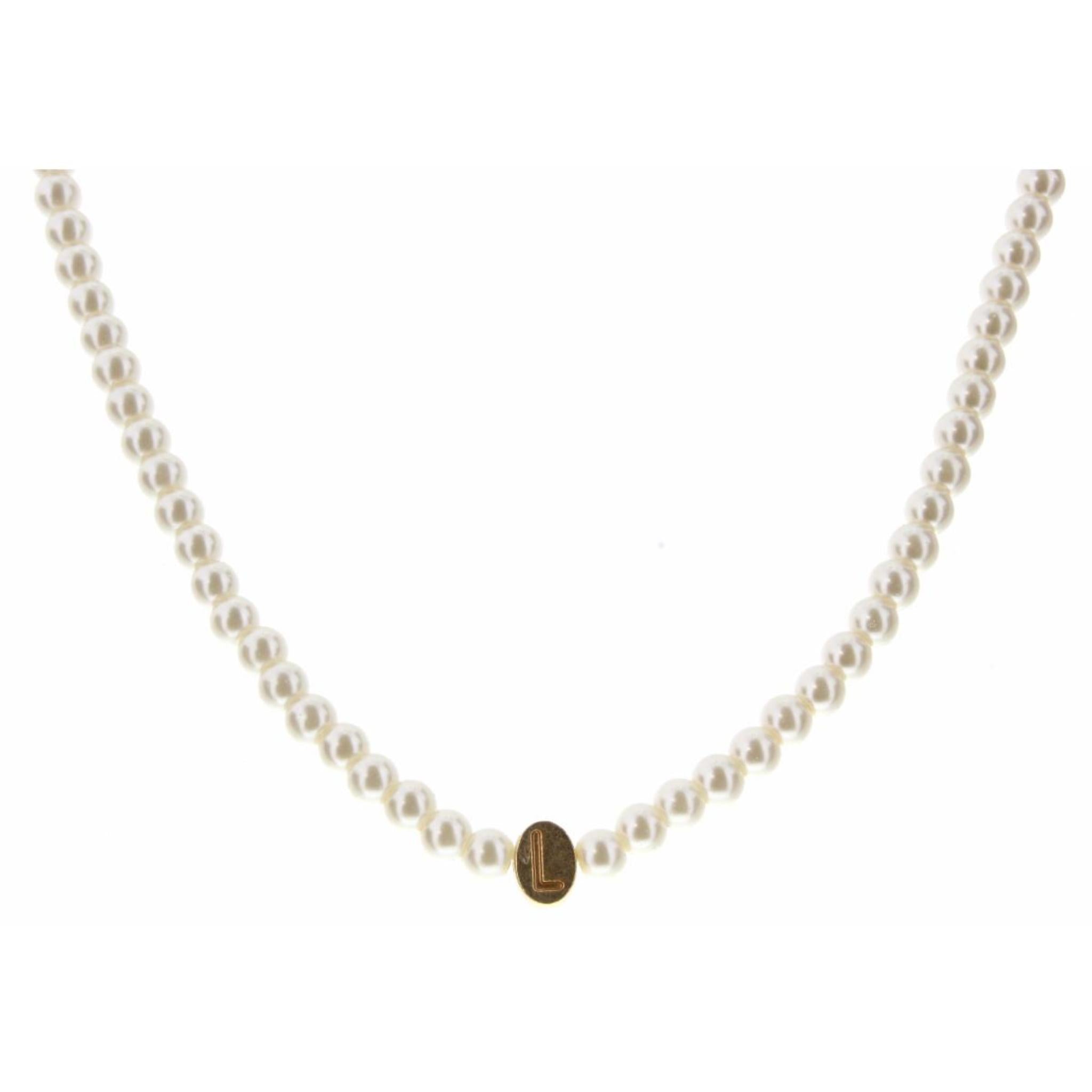 Kids 14" Gold "L" Initial on Pearl Strand Necklace, 3" Ext