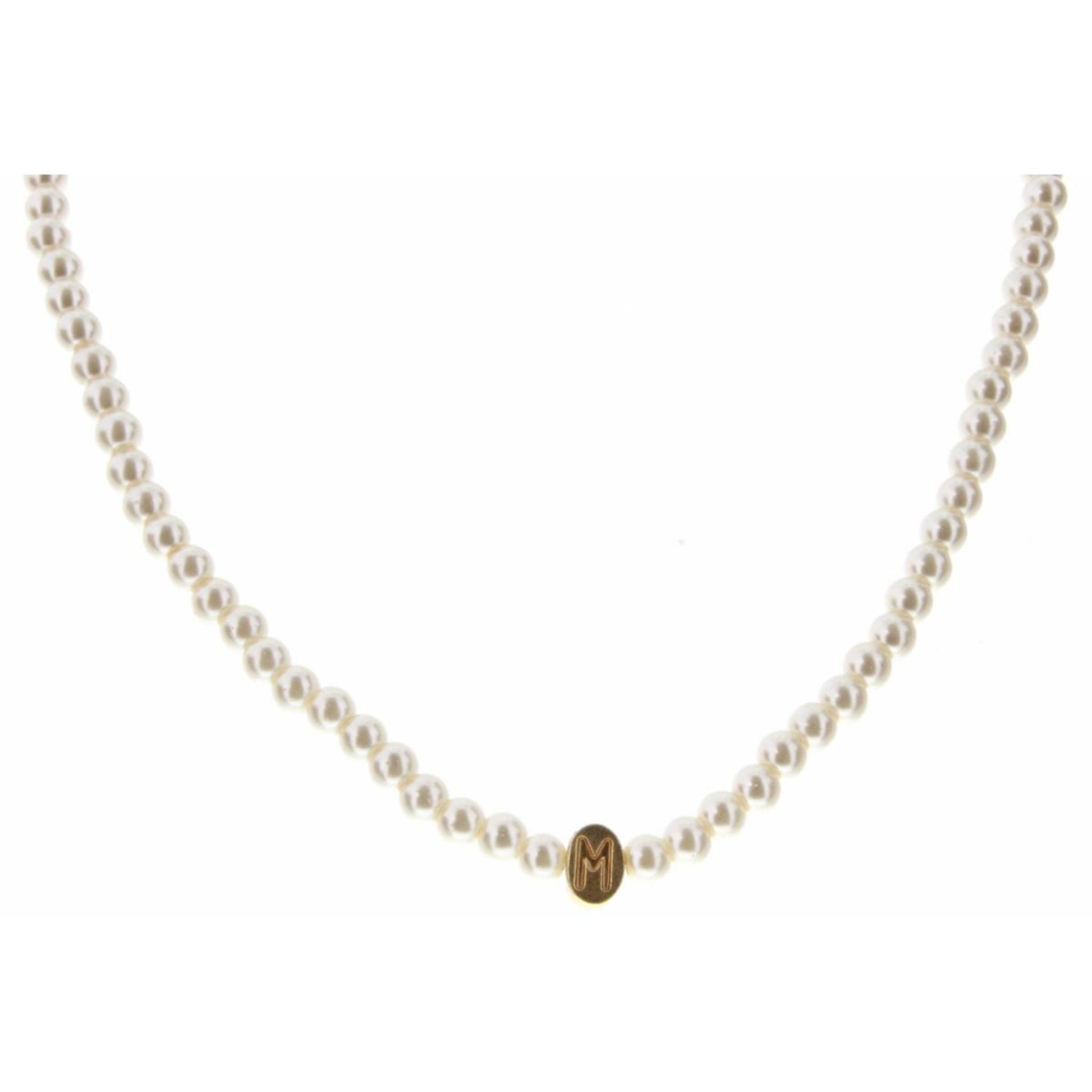 Kids 14" Gold "M" Initial on Pearl Strand Necklace, 3" Ext