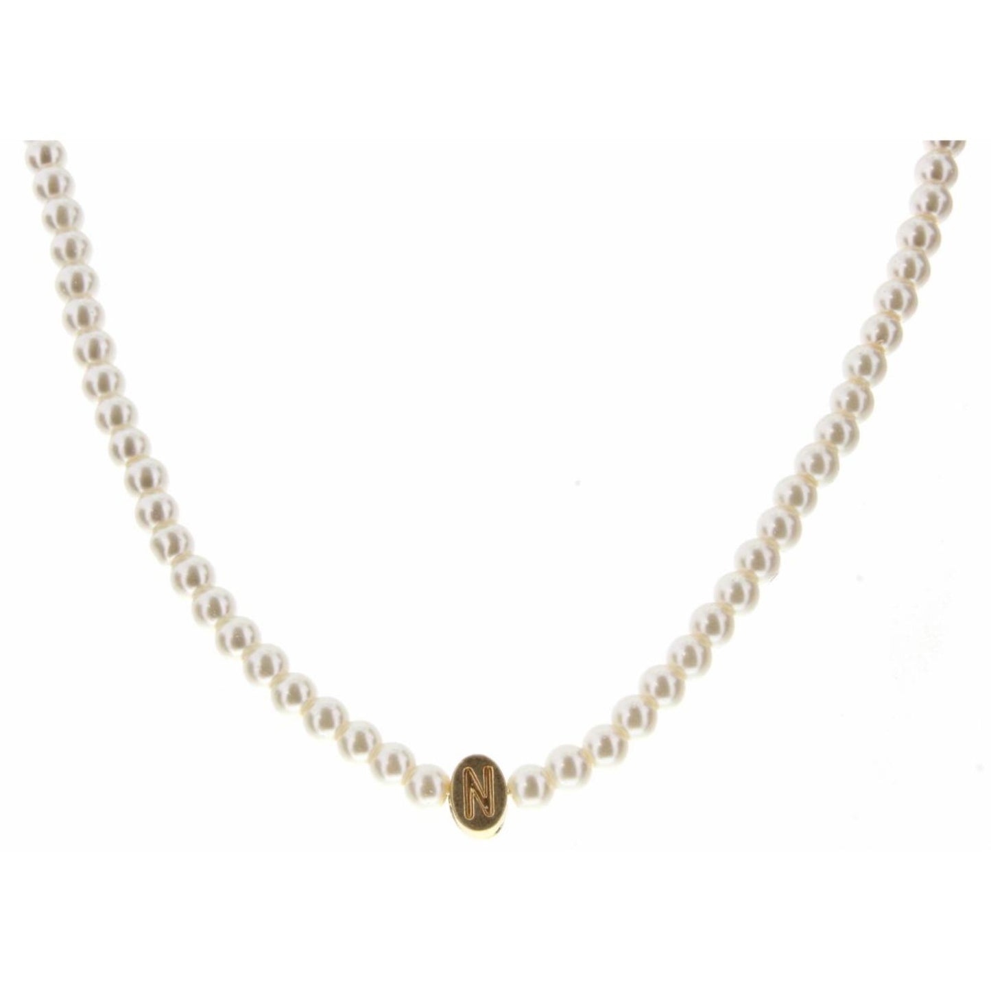 Kids 14" Gold "N" Initial on Pearl Strand Necklace, 3" Ext