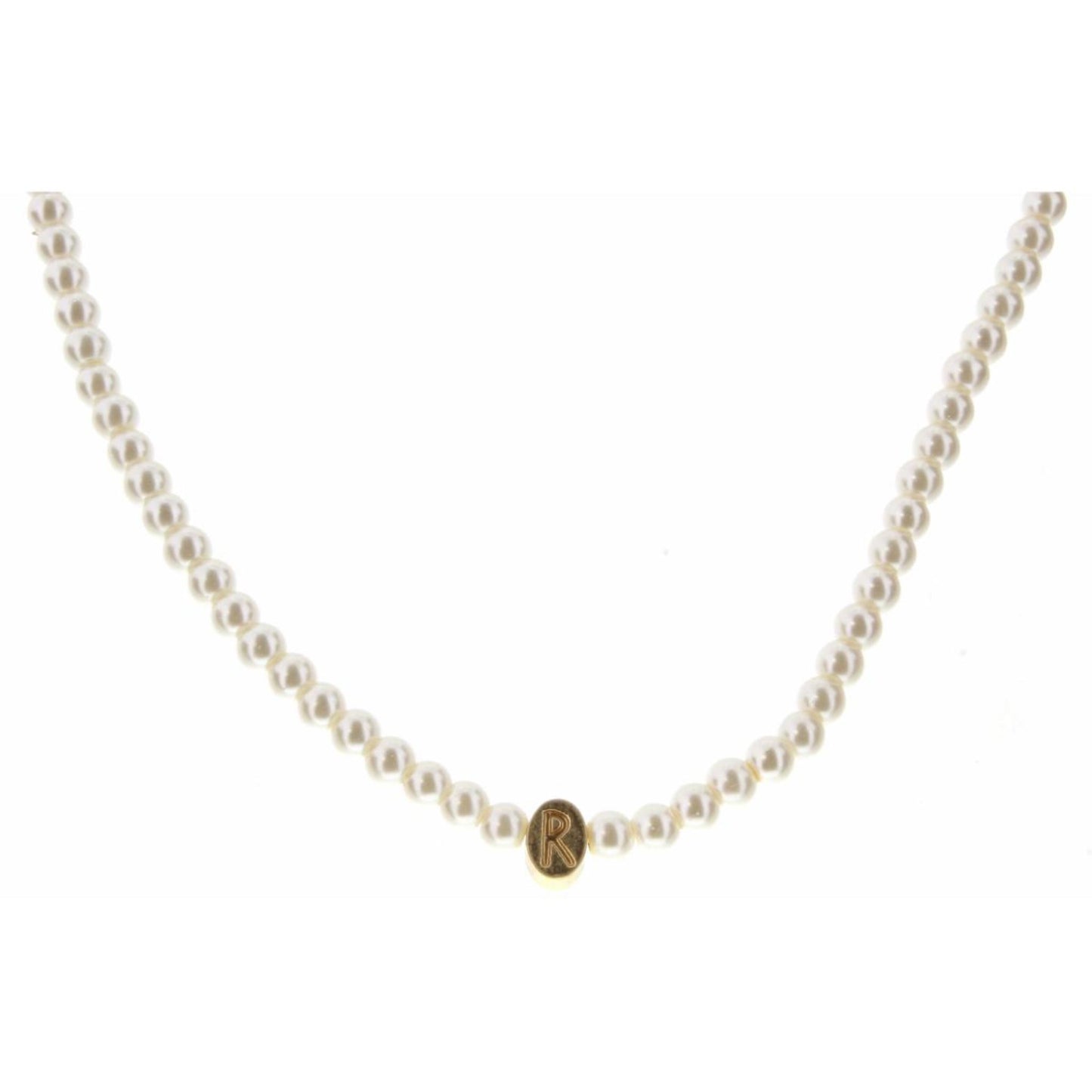 Kids 14" Gold "R" Initial on Pearl Strand Necklace, 3" Ext