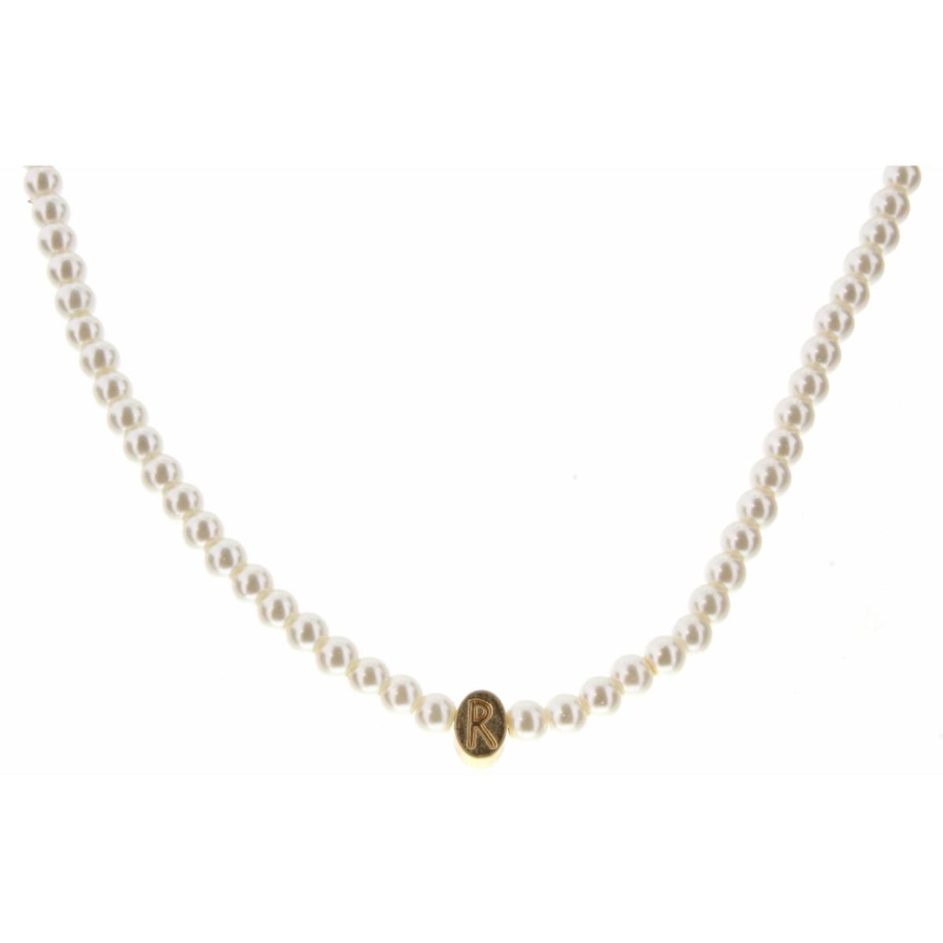 Kids 14" Gold "R" Initial on Pearl Strand Necklace, 3" Ext