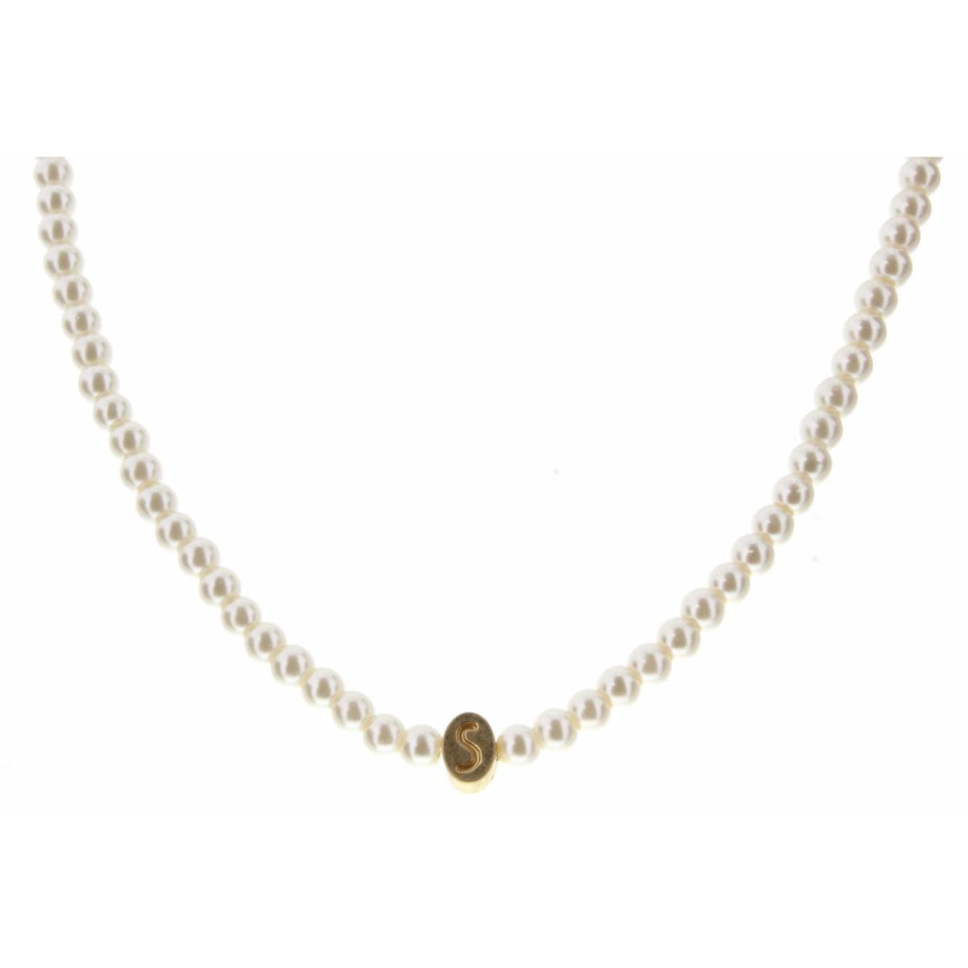 Kids 14" Gold "S" Initial on Pearl Strand Necklace, 3" Ext