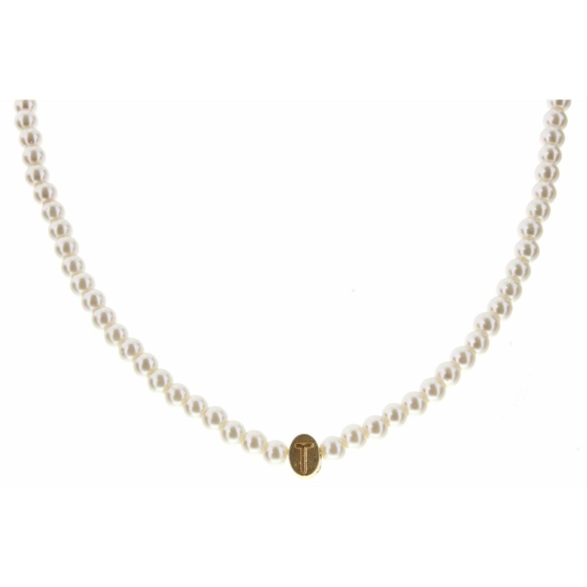 Kids 14" Gold "T" Initial on Pearl Strand Necklace, 3" Ext