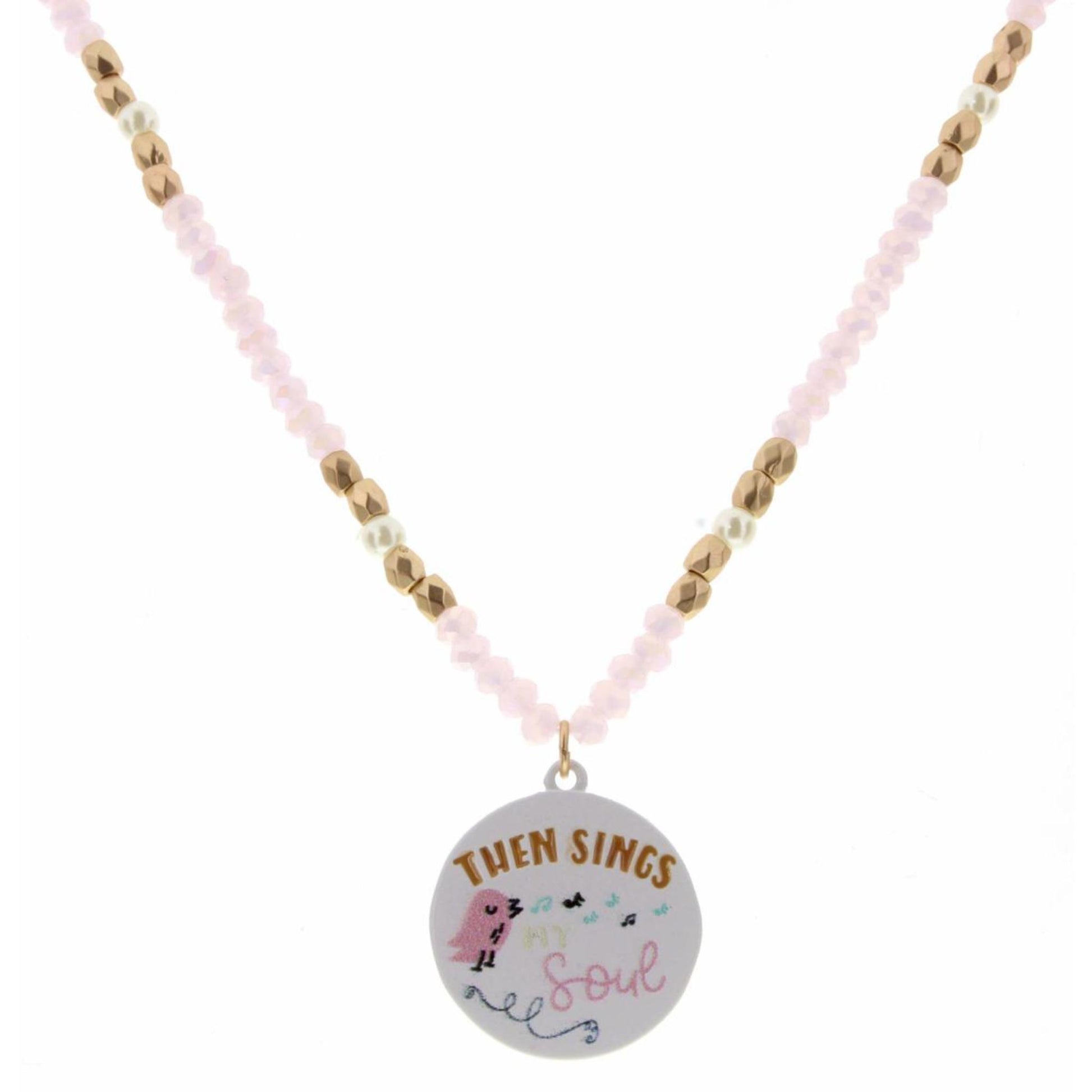 Kids 14" Pink & Gold Beaded with "Then Sings My Soul" Singing Bird Disk Necklace, 2" Ext