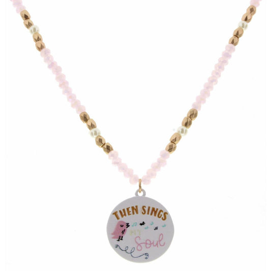 Kids 14" Pink & Gold Beaded with "Then Sings My Soul" Singing Bird Disk Necklace, 2" Ext