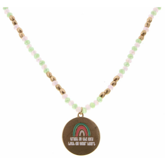 Kids 14" Pink, Lime, Gold Beaded with " Trust in the Lord with All Your Heart" Proverbs 3:5 Rainbow Disk Necklace, 2" Ext