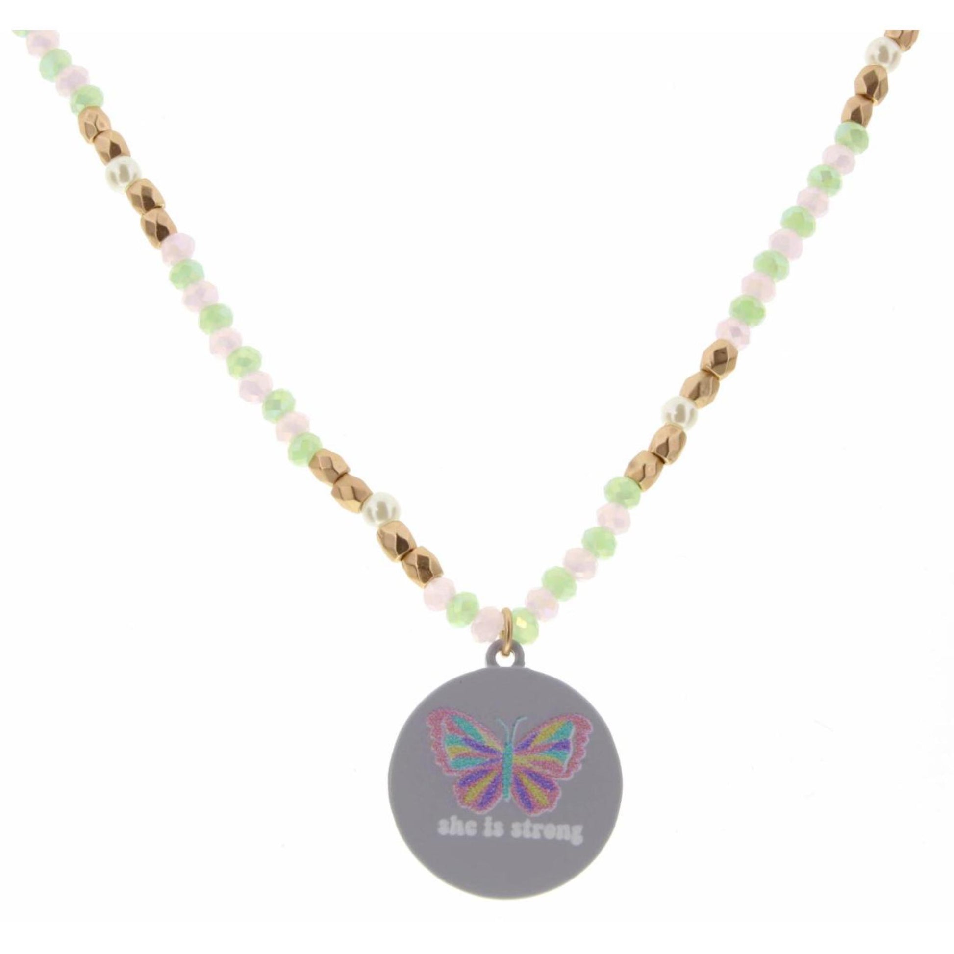 Kids 14" Pink , Lime, Gold Beaded with "She is Strong" Proverbs 31:25 Butterfly Disk Necklace, 2" Ext