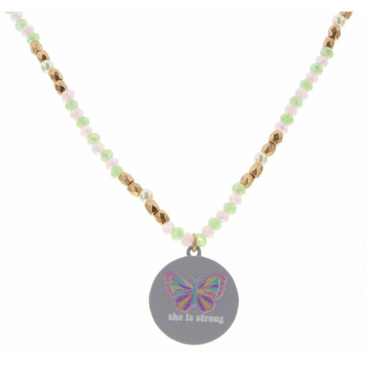 Kids 14" Pink , Lime, Gold Beaded with "She is Strong" Proverbs 31:25 Butterfly Disk Necklace, 2" Ext