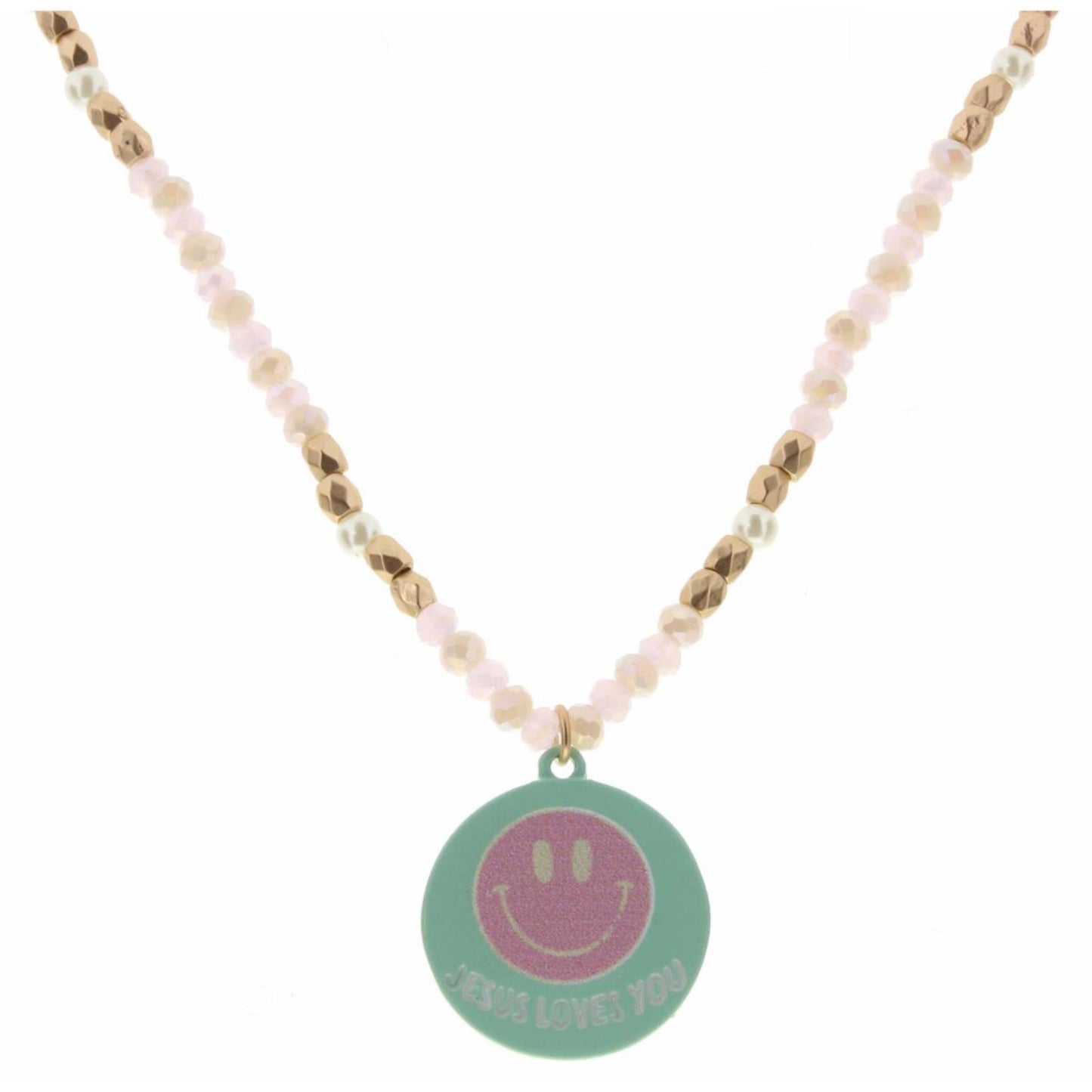 Kids 14" Pink & Gold Beaded with "Jesus Loves You" Smiley Disk Necklace, 2" Ext