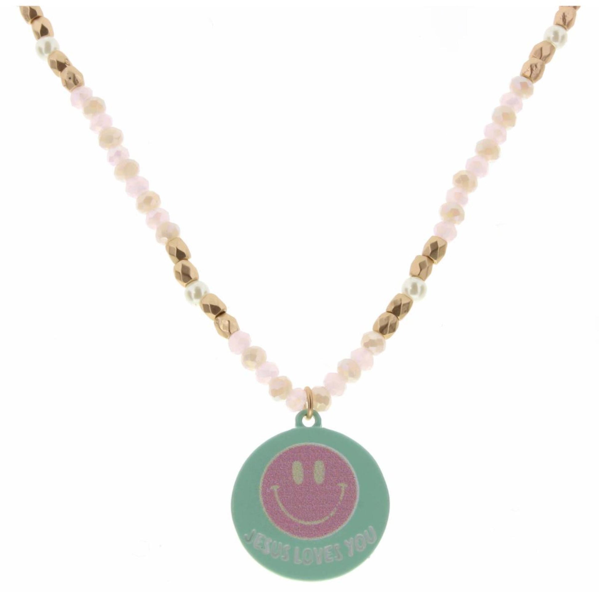 Kids 14" Pink & Gold Beaded with "Jesus Loves You" Smiley Disk Necklace, 2" Ext