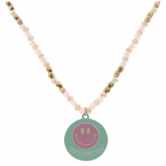 Kids 14" Pink & Gold Beaded with "Jesus Loves You" Smiley Disk Necklace, 2" Ext