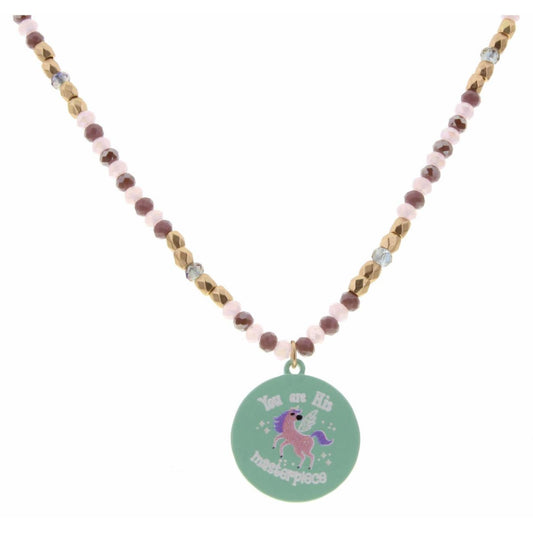 Kids 14" Pink, Purple, Gold Beaded with " You are His Masterpiece" Esphesians 2:10 Unicorn Disk Necklace, 2" Ext