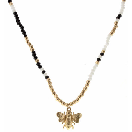 16" Jet, Gold, and White Body with Gold Bee Charm Necklace, 3" Ext