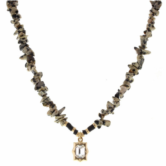 16" Natural Dalmation Body, Clear Crystal Rectangle Charm Necklace, 3" Ext