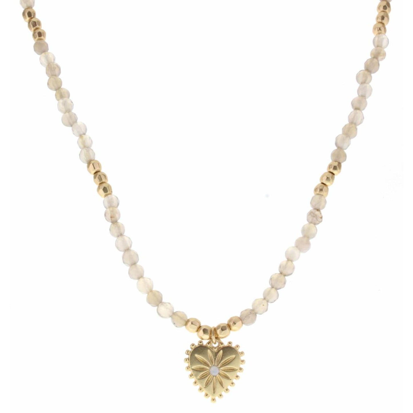 16" Grey Body with Gold Heart Charm with Moonstone Necklace, 3" Ext