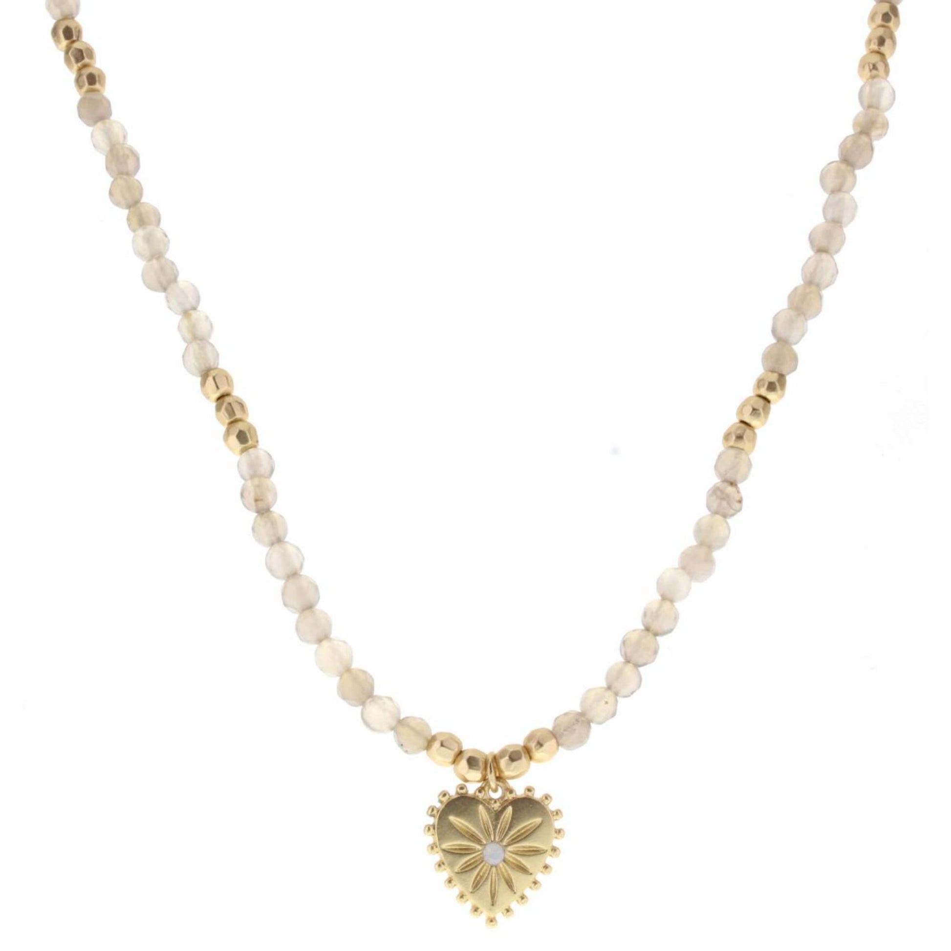 16" Grey Body with Gold Heart Charm with Moonstone Necklace, 3" Ext
