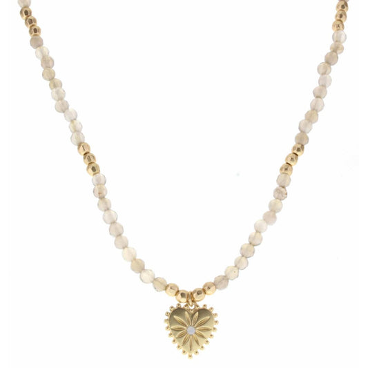 16" Grey Body with Gold Heart Charm with Moonstone Necklace, 3" Ext