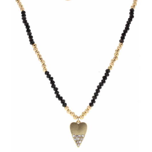 16" Jet and Gold Colorblock with Gold, Clear Heart Charm Necklace, 3" Ext