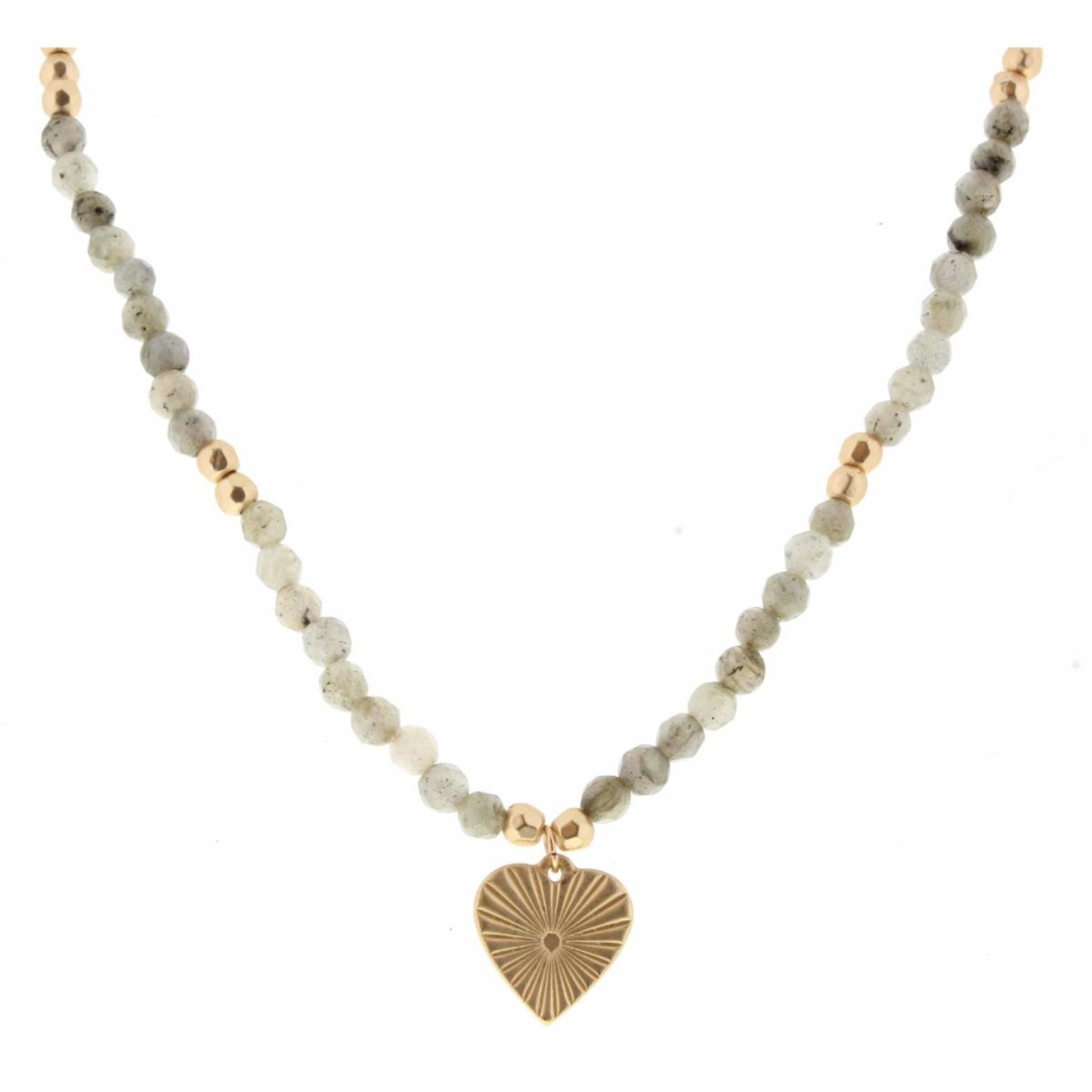 16" Labrodite and Gold Body with Raised Heart Charm Necklace, 3" Ext