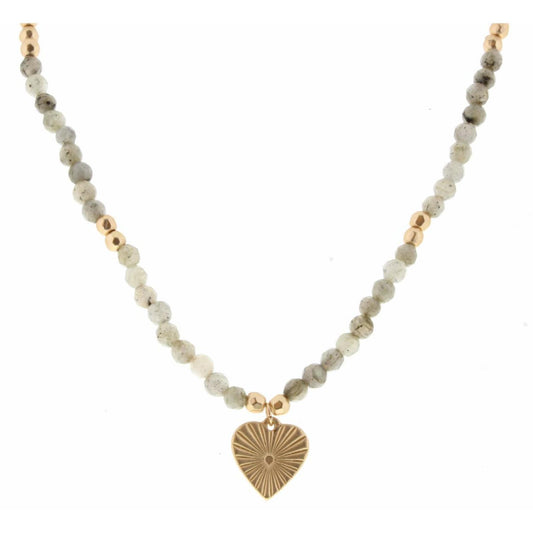 16" Labrodite and Gold Body with Raised Heart Charm Necklace, 3" Ext